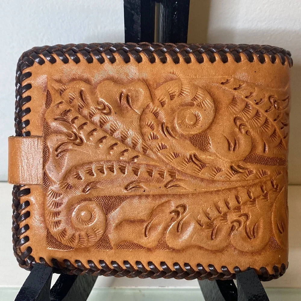 Vintage Tooled Leather Wallet FLORAL BOTANICAL Wallet with Coin Pouch 1960/1970
